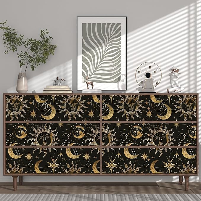 Laatse Black Peel and Stick Removable Vintage Wallpaper Gold Celestial Sun Moon Star Contact Paper 17.5" x 393" Dark Boho Mural Waterproof for Wall Bedroom Kitchen Bathroom Cabinet Room Decor