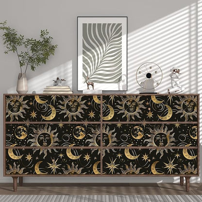Laatse Black Peel and Stick Removable Vintage Wallpaper Gold Celestial Sun Moon Star Contact Paper 17.5" x 393" Dark Boho Mural Waterproof for Wall Bedroom Kitchen Bathroom Cabinet Room Decor