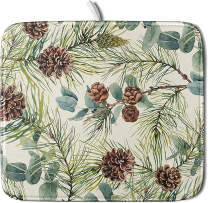 Winter Dish Drying Mat for Kitchen Counter 16x18 Christmas Evergreen Leaves Pinecone Holiday Theme Absorbent Reversible Microfiber Drying Mats Kitchen Countertop Protector Dishes Drainer Pad