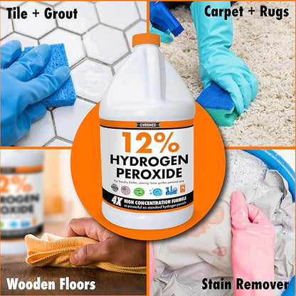 Chromex Hydrogen Peroxide 12 Percent Food Grade, 4X Power Concentrated Solution, Dilutes to 4 Gallons, Versatile Uses Include Topical Care, Home, Kitchen, Bath Cleaner, Laundry, Whitening, 1 Gallon
