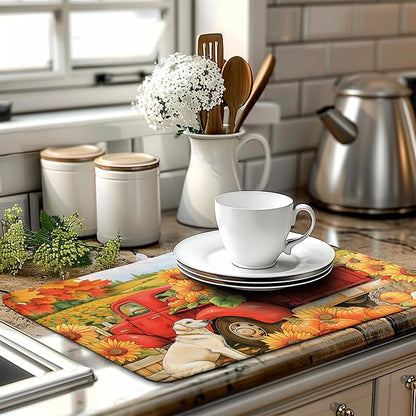 Sunflower Dish Drying Mat Pumpkin Fall Dish Drying Pad Thanksgiving Kitchen Drying Mat Truck Dish Drying Matt Autumn Harvest Dish Drainer Mat 18x24 In Coffee Maker Mats