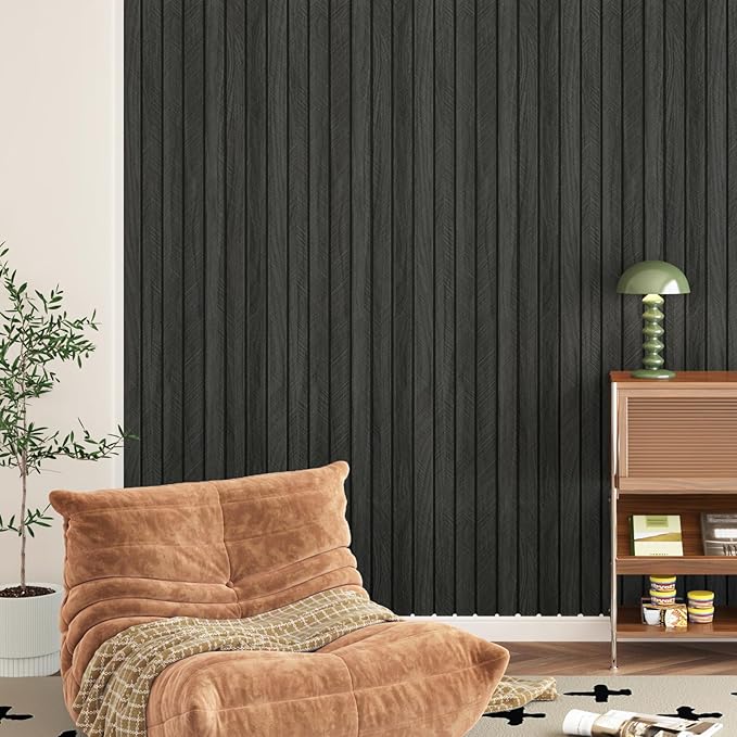 Self Adhesive Wood Slat Wall Paneling Grey/Black 3D Wood Panels for Wall Decor Soundproof Peel and Stick Wooden Grain Panel Wallpaper for Living Room Bedroom Dinner Office 11.8" x 118"