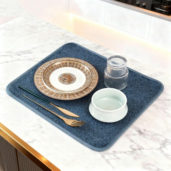 Dish Drying Mat, Microfiber Ultra-Absorbent Kitchen Counter Mat, Ideal Dish Drying Pad for Dishes, Utensils, Pots, and Pans, Blue, Small - 16"x12" (40x30cm).