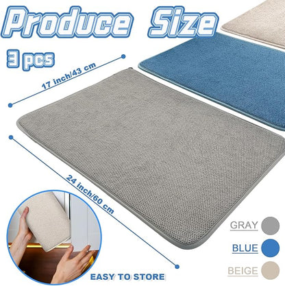 3 Pack XXL Dish Drying Mats,24×17" Absorbent Microfiber Dishes Drainer Mats,Large Size Pads for Kitchen Counter,Coffee,Rack,Under Sink(Beige,Blue,Gray)