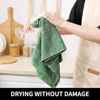 Homaxy 100% Cotton Terry Kitchen Towels(Grass Green, 13 x 28 inches), Checkered Designed, Soft and Super Absorbent Dish Towels, 24 Pack