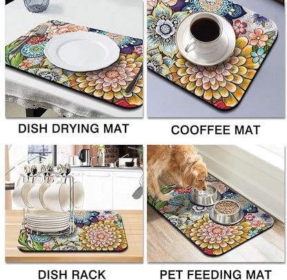 Dish Drying Mat for Kitchen Counter 2 Pack with Non-Slip Rubber Backing - Heat-Resistant Absorbent Coffee Bar Mat, Dish Rack Mat, Mandala Flower Dish Drying Mats 18x24+19.5x12 inch