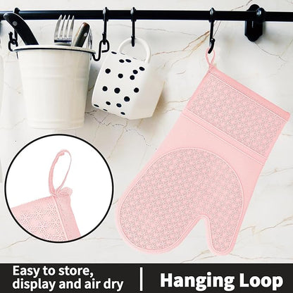 Hovico Silicone Oven Mitts, Heat Resistant 500F Kitchen Mitts 2PCS, 11.6" BPA-Free Soft Baking Gloves, Non-Slip Grip Oven Gloves with Soft Cotton Lining for Kitchen Cooking Baking BBQ - Pink