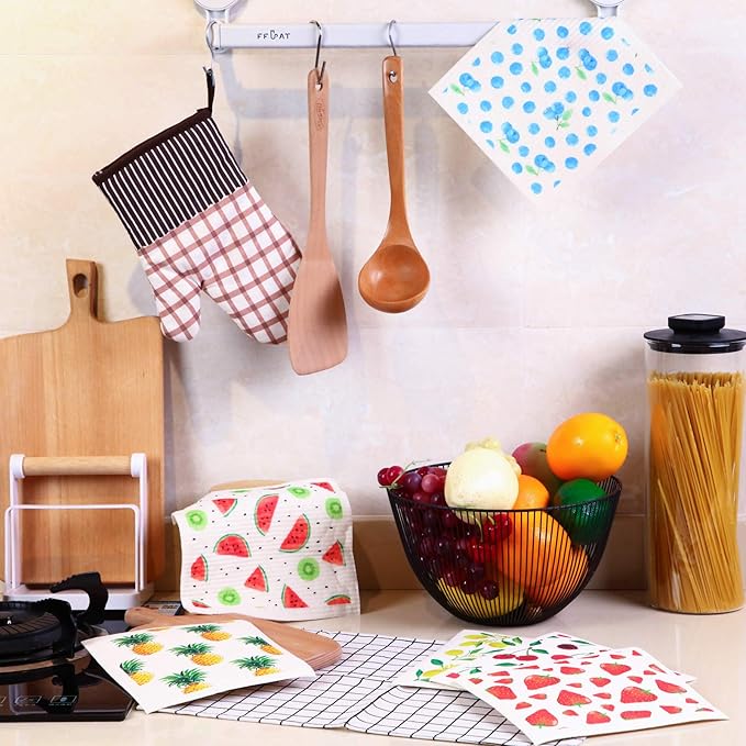 Patelai Mixed Fruit Swedish Kitchen Dishcloths Reusable Dish Towels Absorbent and Fast Dry Cleaning Cloths for Kitchen Blueberry Cherry Strawberry Lemon Pineapple Watermelon Cleaning Wipes (12 Count)