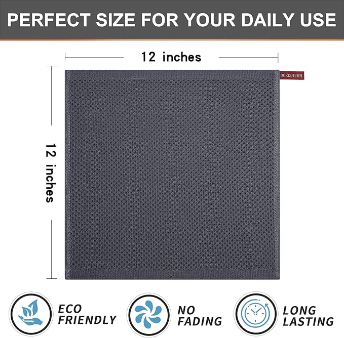 Kitinjoy 100% Cotton Kitchen Dish Cloths (12 X 12 Inches, Dark Grey), 12 Pack Waffle Weave Ultra Soft Absorbent Dish Towels for Drying Dishes Quick Drying Kitchen Towels Dish Rags