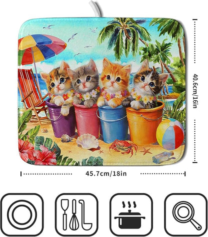 Lovely Cat Dish Drying Mat for Kitchen Counter Holiday Beach Absorbent Coffee Bar Mat 16 X 18 In