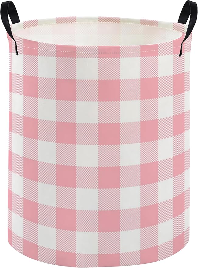 Kids Laundry Basket Pink Hamper for Nursery Girls Hamper Cute Kids Storage Bin Organizer Room Decor for Home(Pink Grid)