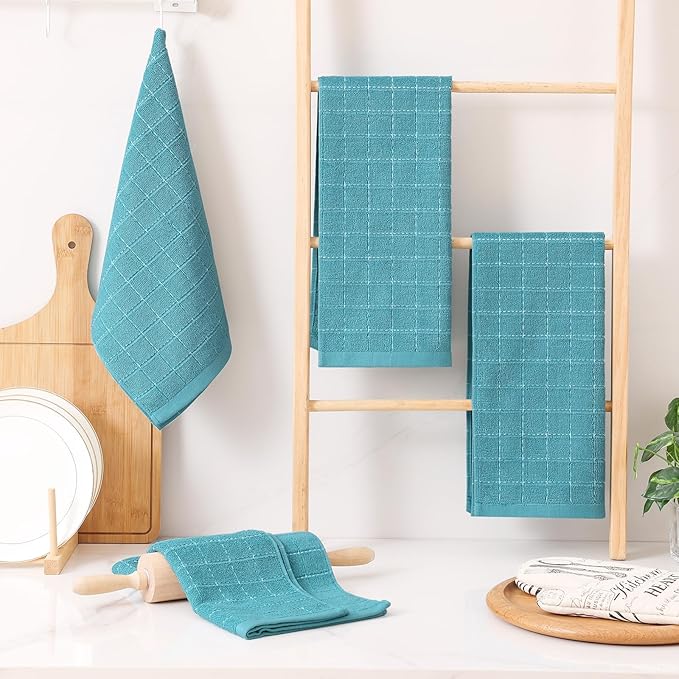 Homaxy 100% Cotton Terry Kitchen Towels(Lake Blue, 13 x 28 inches), Checkered Designed, Soft and Super Absorbent Dish Towels, 12 Pack