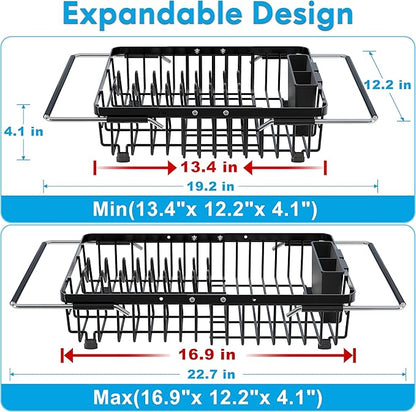 Expandable Stainless Steel Dish Drying Rack Over The Sink For Small Kitchen, Counter Space Saving Compact Black Metal Plate Drain Strainer, Adjustable Hanging In Sink Rust Proof Wire Dryer Holder