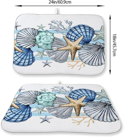 Nautical Coastal Starfish Dish Drying Mats 18x24 Inch Beach Coral Shell Blue Drying Mats Seasonal Summer Ocean Absorbent Dish Drying Pad Dish Rack Drainer Mats for Kitchen Dining Counter Decor