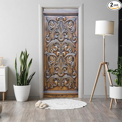 Alwayspon 30x78.7inch Wooden Bas-Relief Decoration Self-Adhesive Door Stickers Murals Decals, Art Vinyl Peel and Stick Removable Door Poster Wallpaper for Bedroom Home Decor