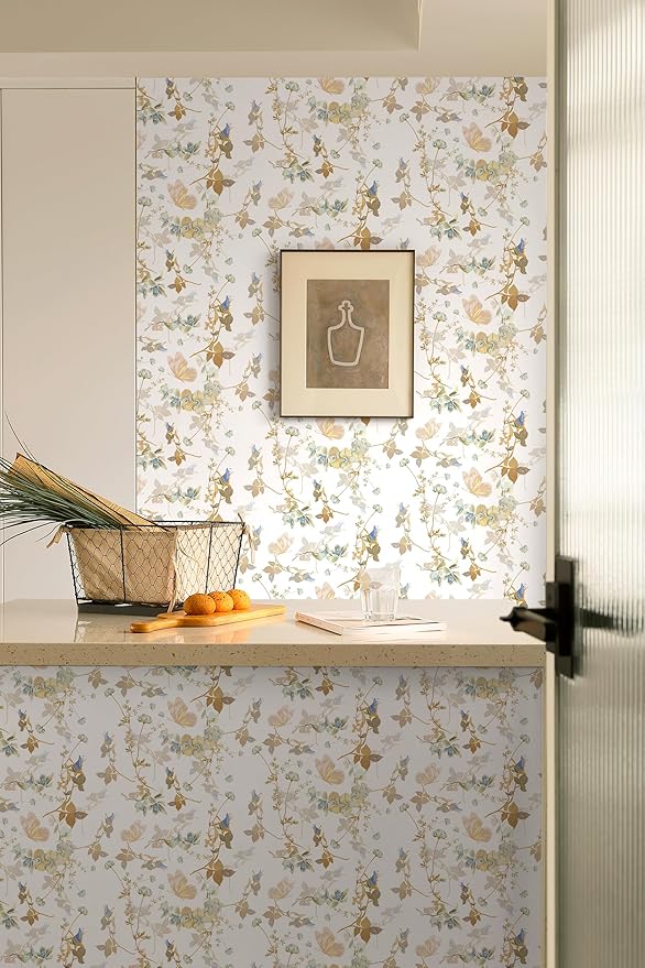 Dimoon 78.7"x17.3" Peel and Stick Wallpaper Floral Beige White Boho Contact Paper Brown Wallpaper Removable Self Adhesive Waterproof Wall Paper Bedroom Bathroom Kitchen Thicken Vinyl Roll