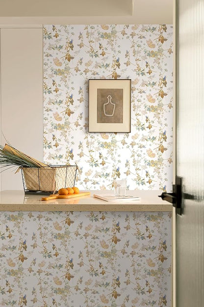Dimoon 78.7"x17.3" Peel and Stick Wallpaper Floral Beige White Boho Contact Paper Brown Wallpaper Removable Self Adhesive Waterproof Wall Paper Bedroom Bathroom Kitchen Thicken Vinyl Roll