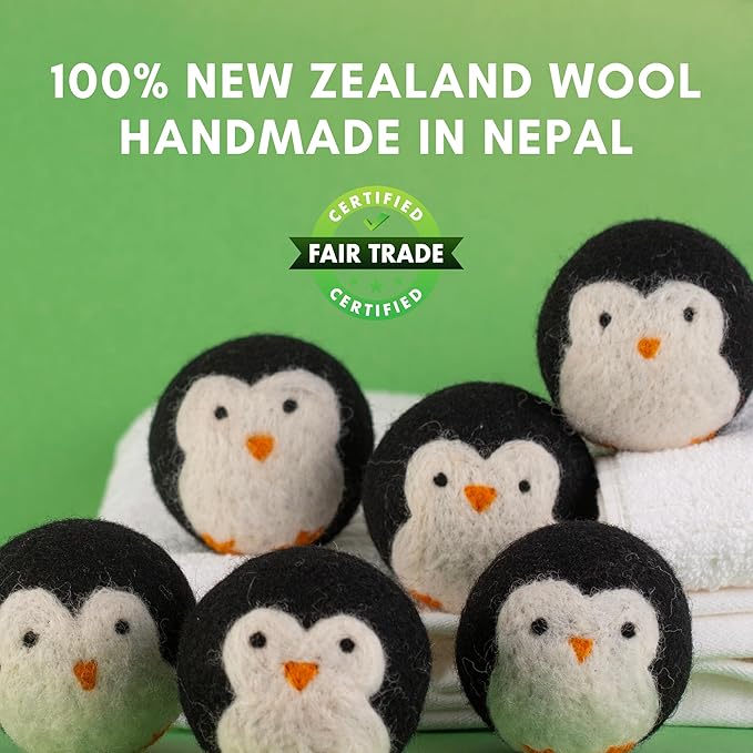 6-Pack XL Organic Wool Dryer Balls - 100% New Zealand Wool, Reuse for 1000 Loads, Fair Trade, Handmade in Nepal, Dryer Balls Laundry Reusable, Penguins Dryer Ball Set, Mesh Laundry Bag
