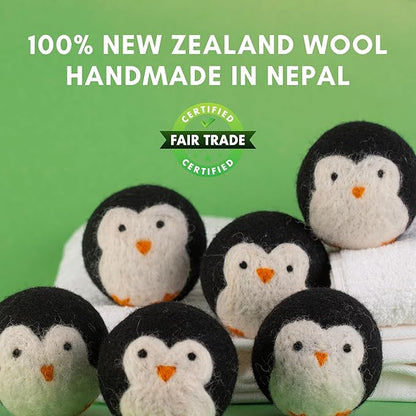 6-Pack XL Organic Wool Dryer Balls - 100% New Zealand Wool, Reuse for 1000 Loads, Fair Trade, Handmade in Nepal, Dryer Balls Laundry Reusable, Penguins Dryer Ball Set, Mesh Laundry Bag