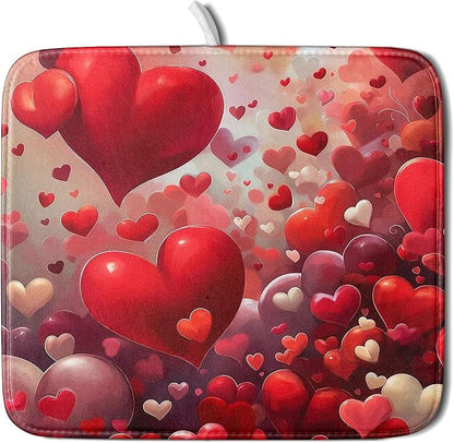 Valentines Day Dish Drying Mat for Kitchen Counter 18x16 Inch Red Heart Drying Mat with Absorbent Reversible Microfiber Holiday Love Dish Drainer Mats Rack Pad for Coffee Countertop Protector
