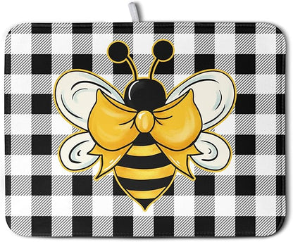 Bee Drying Mats for Kitchen Counter 18×24 Inch Black and White Buffalo Plaid Honey Bee Kitchen Drying Mats for Dishes Summer Microfiber Dish Pad Absorbent Dish Rack Mat
