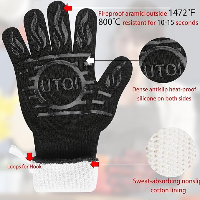 BBQ Grill Gloves, 1472°F Heat Resistant Barbecue Gloves Oven Mitts, Silicone Non-Slip Cooking Gloves for Kitchen, Grilling and Baking, EN407 Certified, 13 inch Long, Black, XL Size