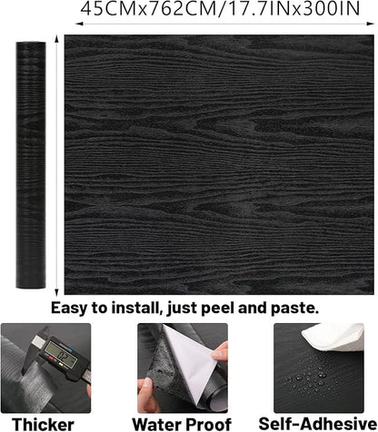 Peel and Stick Wallpaper Black Wood Wall Paper - 17.5 x 300 Inch Self Adhesive Wallpaper Peel and Stick, Easy to Paste Wall Contact Paper for Stand Liner, Table and Door Makeover Decor
