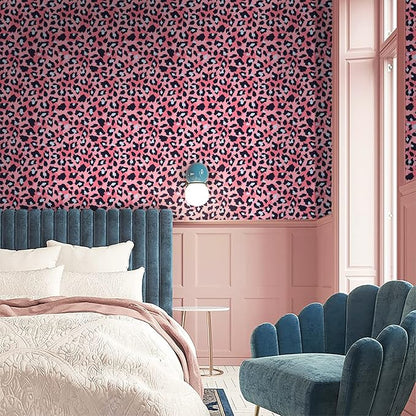Ismoon Unique Pink Peel and Stick Wallpaper 16.1"X236" Leopard Wallpaper Colorful Modern Pink Contact Paper Thickened Removable Self-Adhesive Wall Paper for Home Decoration Vinyl