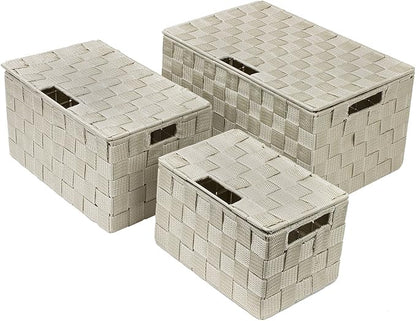 Sorbus Set of 3 Storage Baskets for Organizing with Lid – Mesh Hand-Woven Baskets for Closet, Shelf & Home Storage (Beige, Variety Pack)