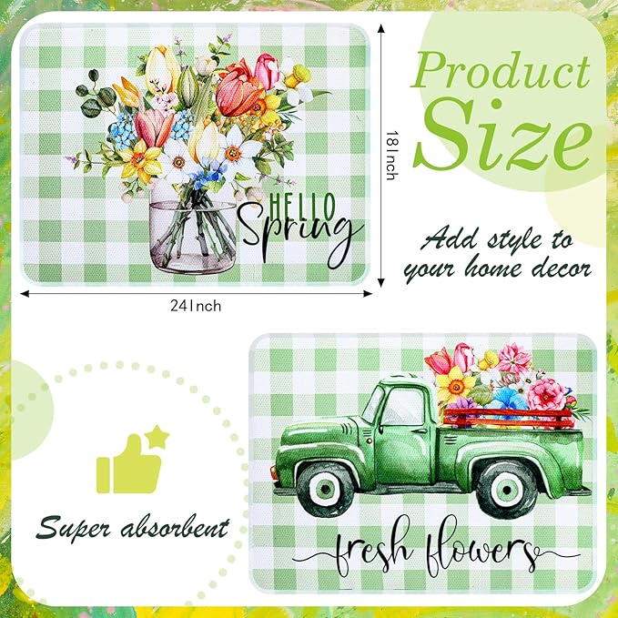 SiliFine 2 Pcs Dish Drying Mat for Kitchen, Spring Floral Absorbent Microfiber Dish Mat Counter 18 x 24 Inch Truck Flower Leaves Draining Green Drying Reusable Washable Pad