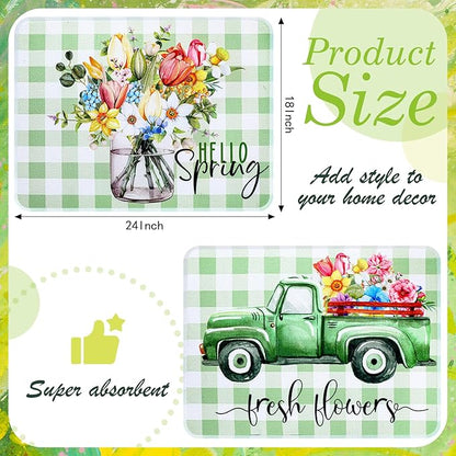 SiliFine 2 Pcs Dish Drying Mat for Kitchen, Spring Floral Absorbent Microfiber Dish Mat Counter 18 x 24 Inch Truck Flower Leaves Draining Green Drying Reusable Washable Pad