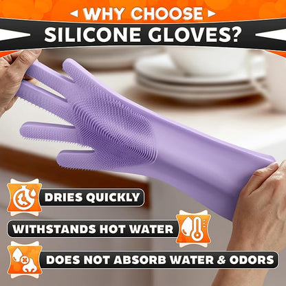 ALPENKOK Silicone Dishwashing Gloves with Scrubber – Non-Slip Silicone Gloves wor Washing Dishes | Household Use