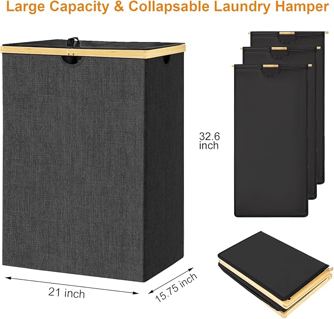 WOWLIVE 180L Laundry Hamper 3 Section, Bamboo Laundry Basket with lid, Extra Large Dirty Clothes Hamper with Removable Bags, Laundry Bin Organizer Storage for Dorm Bedroom Bathroom, Black