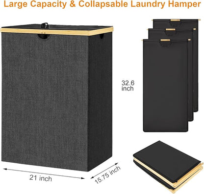 WOWLIVE 180L Laundry Hamper 3 Section, Bamboo Laundry Basket with lid, Extra Large Dirty Clothes Hamper with Removable Bags, Laundry Bin Organizer Storage for Dorm Bedroom Bathroom, Black