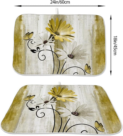 Floral Dish Drying Mat 18x24 Inches For Kitchen Counter Yellow Daisy Flower Kitchen Decoration Drying Mat Modern Decorative Drying Pad For Home Kitchen Decor,Dining Room,Office Decor