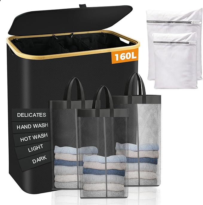 160L Laundry Hamper 3-Section, Laundry Basket with Lid, Dirty Clothes Basket, Laundry Basket Organizer with 5 Sorting Labels and 2PCS Laundry Bags for Bedroom, Dormitory, Laundry Room