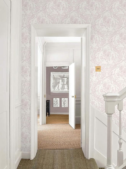 Ismoon Peel and Stick Wallpaper Vintage Floral Contact Paper Boho Watercolor Pink Damask Wallpaper Textured Removable Self Adhesive Vinyl Wall Paper for Bedroom, 17.3 in X 6.5 ft