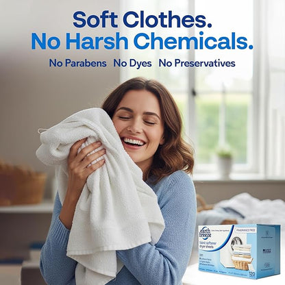 Earth Breeze Fabric Softener Dryer Sheets – Fragrance Free, Hypoallergenic, No Harsh Chemicals, Safe for Sensitive Skin – Static Cling & Wrinkle Reducer – Gentle Fabric Care – Made in USA (1 Pack)