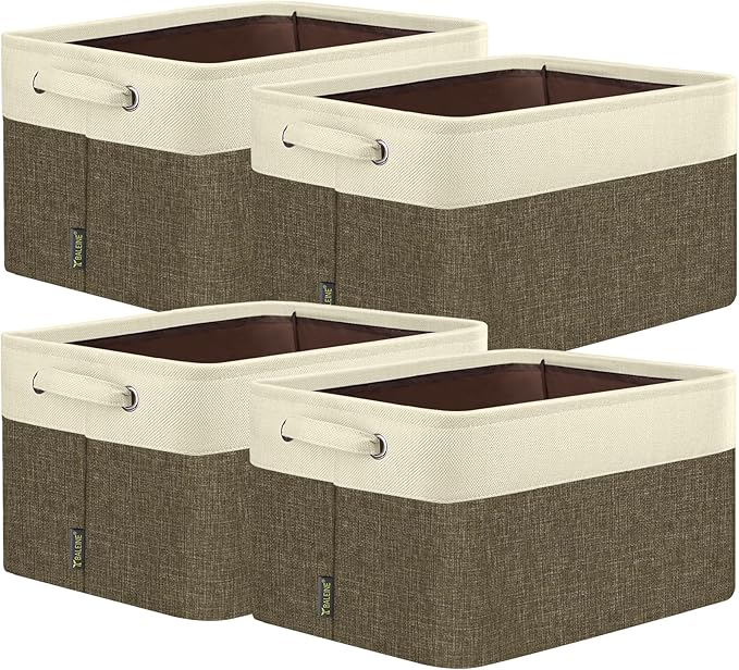 BALEINE 4 Pack Fabric Closet Storage Bins for Shelves, Linen Closet Organizers and Storage, Decorative Baskets for Organizing, Shelf, Clothes, Home, Office (Brown, 14''x10''x8.5'')