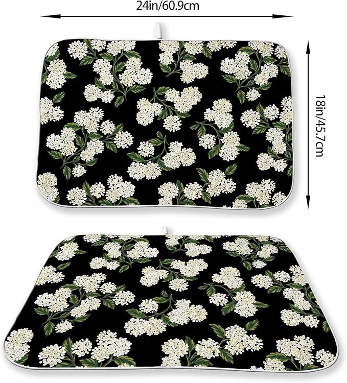 Black Hydrangea Dish Drying Mats 18x24 Inch Mats Spring Beige Green Floral Drying Mats Summer Vintage Flower Seasonal Absorbent Drying Dish Pad for Kitchen Dining Room Counter Decorations