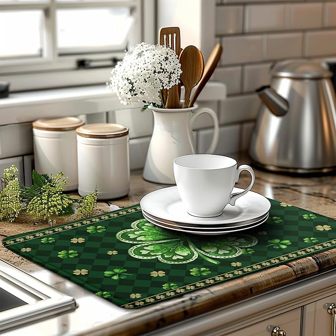 St Patrick's Day Shamrock Dish Drying Mat Green Spring Kitchen Dish Drying Pad Absorbent Dish Dryer Mat for Kitchen Countertops Microfiber Dishes Drainer Pad Dish Drying Rack Mat (18x24 in)