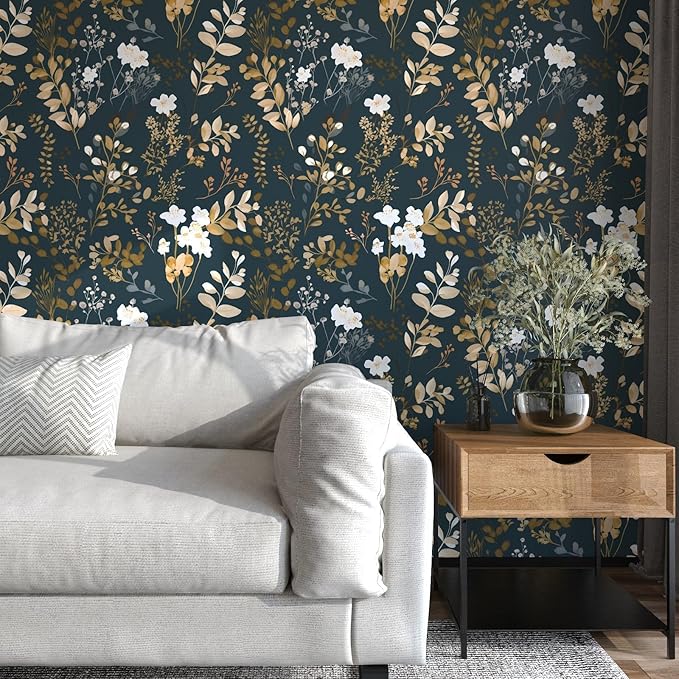Laatse Navy Floral Wallpaper Peel and Stick Boho Wallpaper Vintage Blue/Gold Leaf Contact Paper Waterproof Self Adhesive Modern Wall Paper for Cabinet Walls Kitchen 17.5" x197"