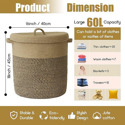 Extra Large Storage Basket with Lid 60L, 16"Wx18"H Woven Laundry Hamper Basket with Handle, Jute Rope Wicker Basket Blankets Pillows Storage in Living Room Baby Nursery, Jute/Black Mix includes Lid