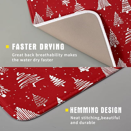 Christmas Dish Drying Mat 16 x 18 Inch With Absorbent Reversible Microfiber Red Xmas Tree Snowflake Drying Mats Winter Holiday Dish Drainer Mat Fast Dry For Kitchen Dining Room Decoration