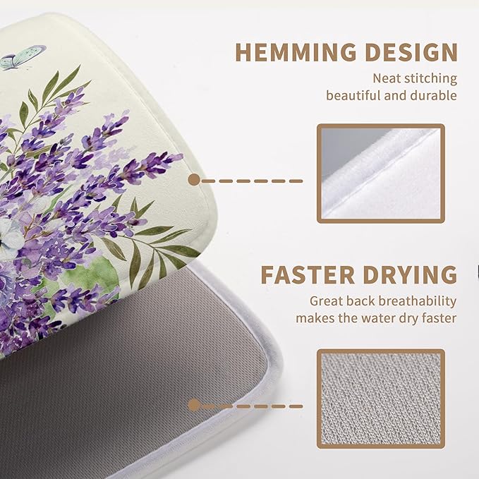 Spring Lavender Floral Dish Drying Mats Spring Summer Dish Mat Purple Flowers Butterfly Drying Matt Dishes Dryer Pad for Kitchen Counter Absorbent Microfiber Washable Foldable Reusable 18x24 in