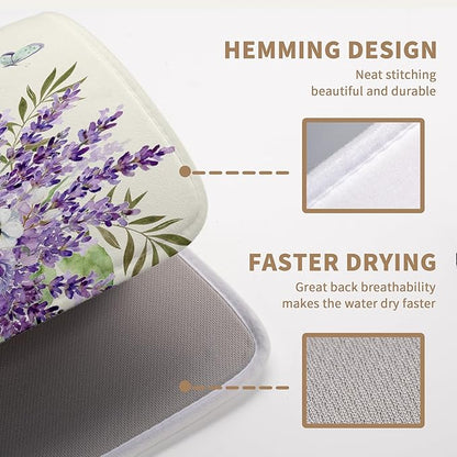 Spring Lavender Floral Dish Drying Mats Spring Summer Dish Mat Purple Flowers Butterfly Drying Matt Dishes Dryer Pad for Kitchen Counter Absorbent Microfiber Washable Foldable Reusable 18x24 in