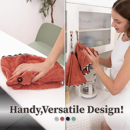 myHomeBody Hand Towels with Hanging Loops, Absorbent Charcoal Fiber Cleaning Clothes with Coconut Shell Button for Kitchen, Round Shape, Set of 2, Brick Red