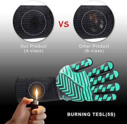 J H Heat Resistant Oven Glove:EN407 Certified 932 °F, 2 Layers Silicone Coating, Oven Mitts for Cooking, Kitchen, Fireplace,Camping, Grilling (Black/Green, Regular Cuff)