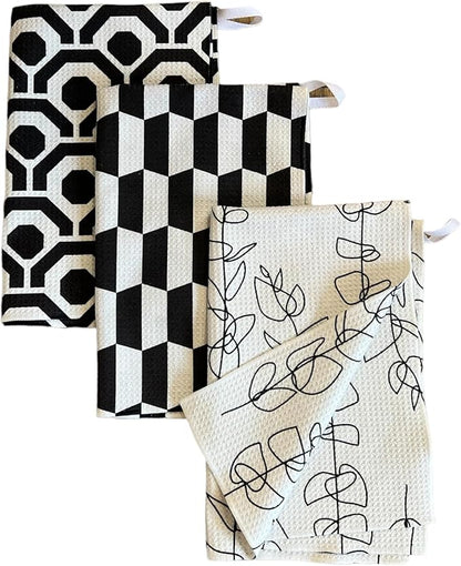 || 3 Pack|| Double Sided || Not Your Ordinary Dish Towels || Waffle Weave Microfiber || Highly Absorbent || Hanging Loop || Dish Cloths || Modern || Designer Prints (Black)
