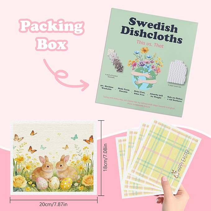 Easter Swedish Dishcloths for Kitchen, 6 Pack Yellow Bunny Floral Swedish Dish Cloths for Washing Dishes, Reusable Washable Absorbent Dish Towels for Home Kitchen Cleaning Quick Drying